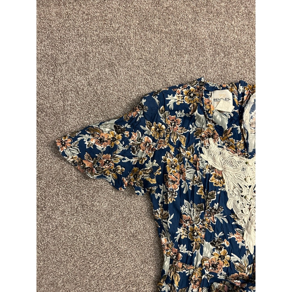 VTG Bentley Floral Midi Dress Womens 14 Blue Excellent Crochet Lace Bib Boho - Picture 5 of 12